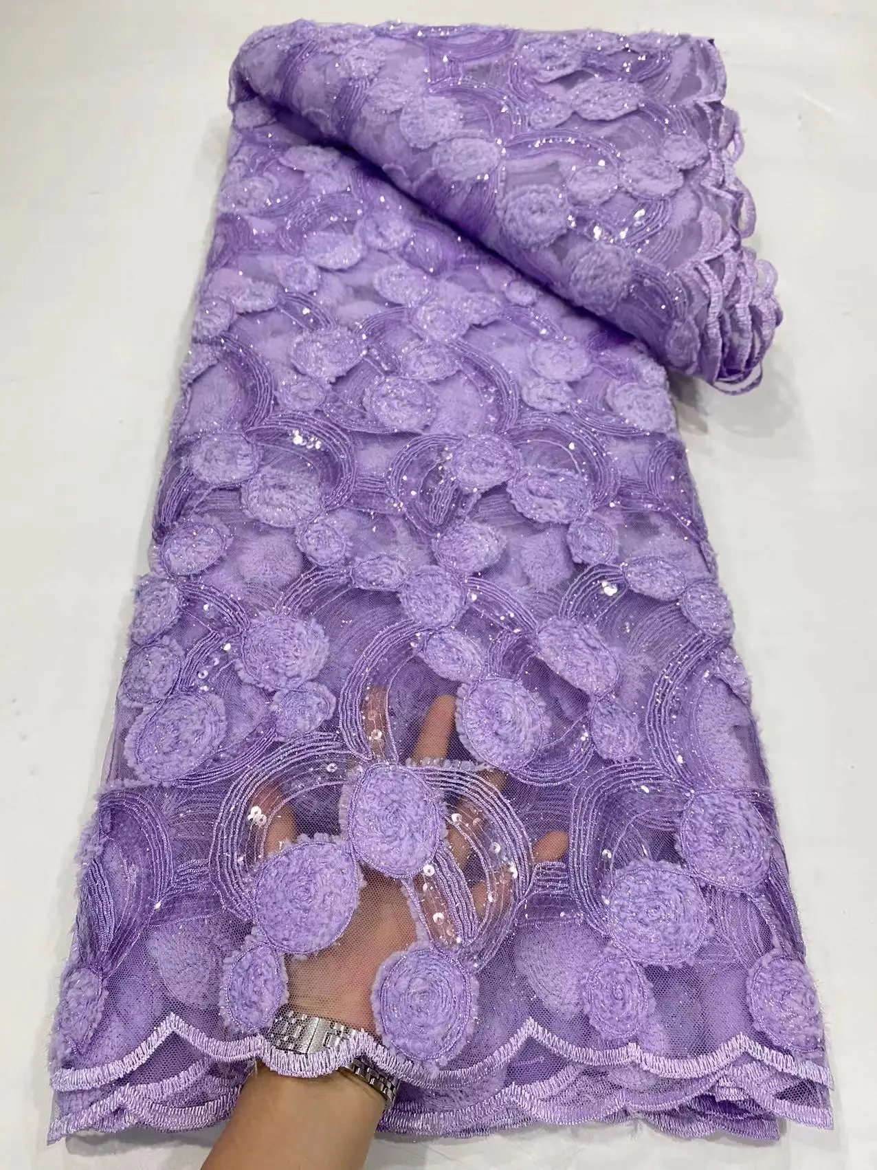 

Africa Lace Fabric High Quality 2022 Wedding Net Tulle Fabrics With Velvet And Sequins Purple Pattern Spherical 2022 Sew SDPN170