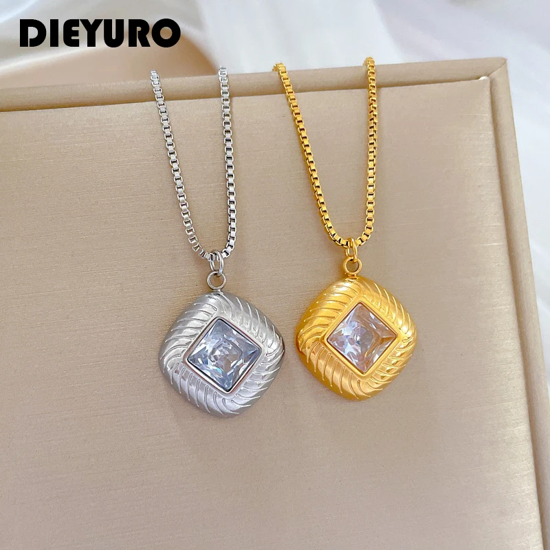 

DIEYURO 316L Stainless Steel Square Zircon Pendant Necklace For Women Girl New Trend 2-Color Clavicle Chain Jewelry Lady Gift