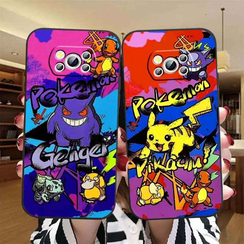 

Pokemon Pikachu Gengar Art Phone Case For Xiaomi Mi Poco X5 X4 X3 NFC F5 F4 F3 GT M5 M5s M4 M3 Pro C50 C40 5G Black Cover