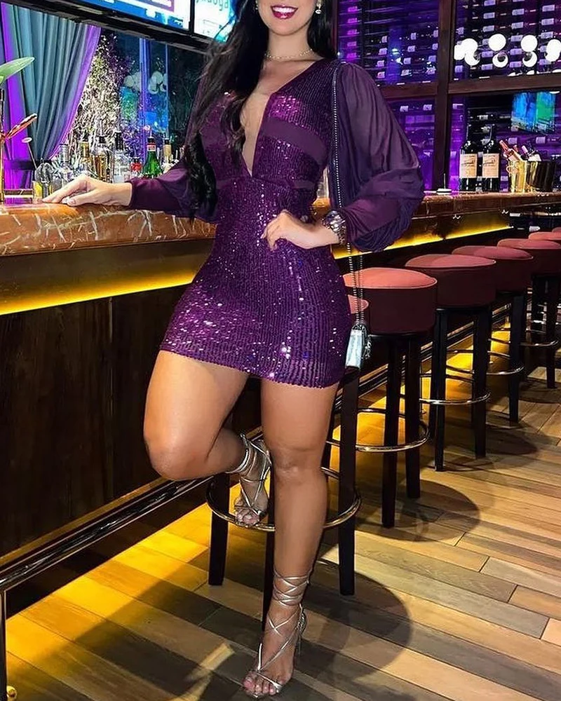 

2022 Summer Women Dresses Long Sleeve Ladies Elegant Vintage Sexy Deep V Neck Bandage Mini Dress