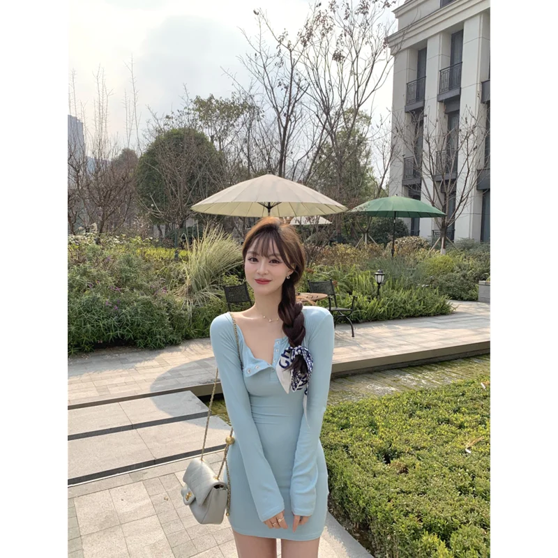 

Women's Europe and America Sexy Self-cultivation Dress 2023 Spring New Style Versatile Temperament Blue Wrap The Buttocks Skirt