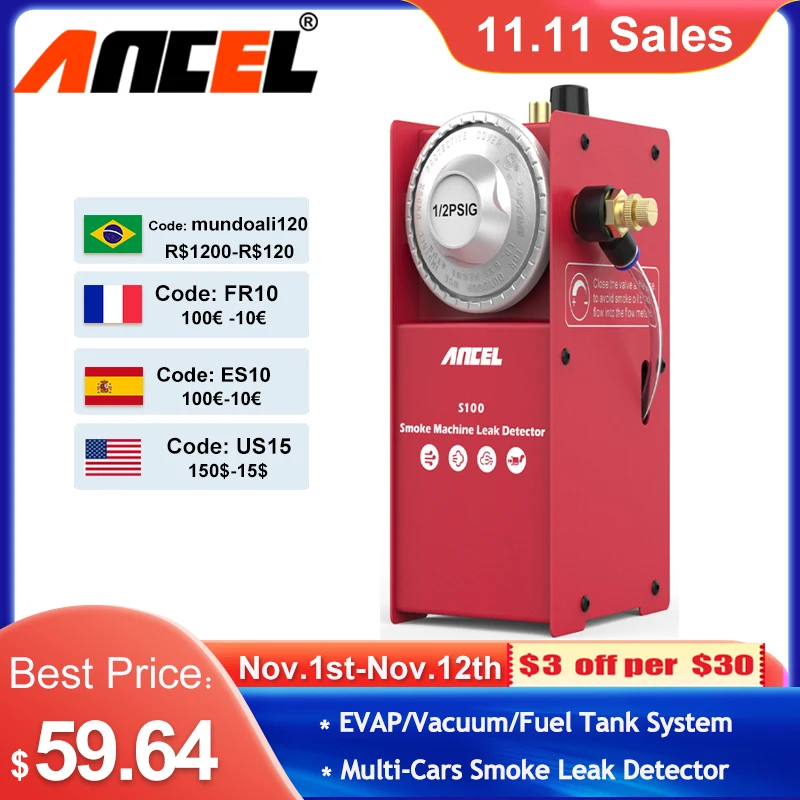 Цена Автомобильный детектор утечки дыма Ancel S100, диагностический прибор для обнаружения утечки дыма, DC12 в