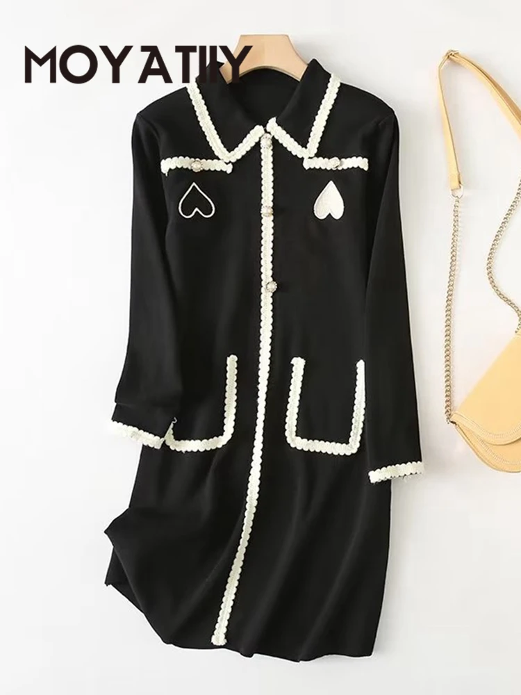 

MOYATIIY 2022 модное женское платье-свитер черное элегантное осеннее платье средней длины с вышивкой Женские платья с длинным рукавом