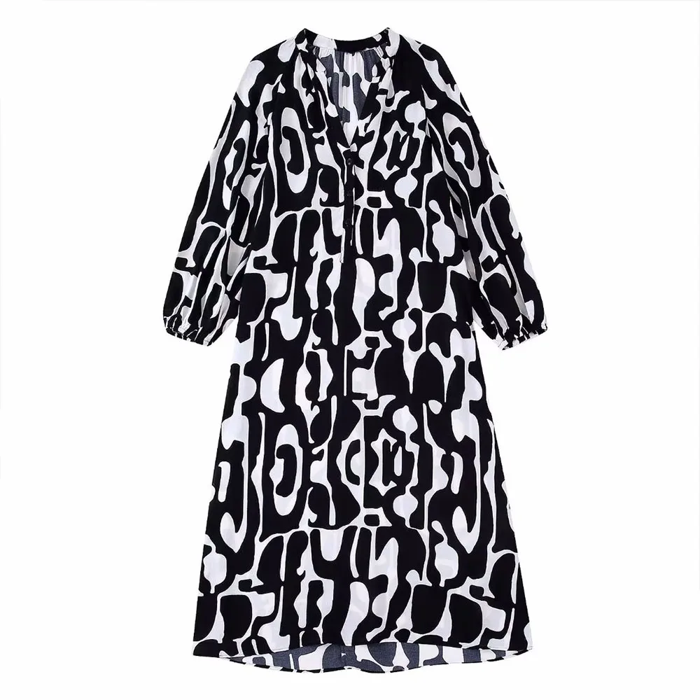 

DiYiG Women 2022 New Fashion Chic Print Midi Dress Vintage Breasted V-Neck Long Sleeve High Waist Female Dress Vestidos Mujer