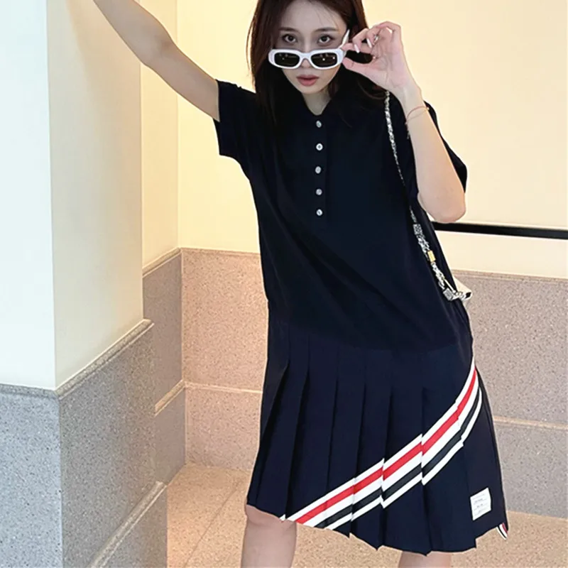

High quality Korean style Spring/summer New TB Contrast Yarn-dyed Band Loose Polo Neck Short Sleeve Pleated Dress In Stock