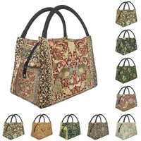 vintage insulated lunch bags for women floral textile pattern portable thermal cooler bento box shoulder bag