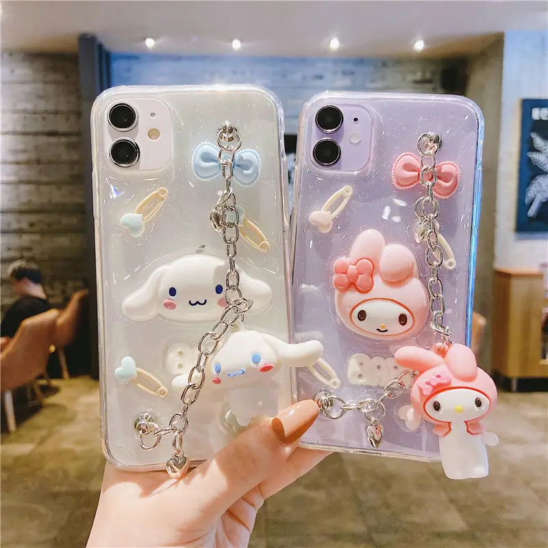 Фото Sanrio 3D кукла my melody cinnamoroll с браслетом чехол для телефона Iphone 11 12 13 Pro Max Mini X Xs Xr 6 7 8 Plus SE 2020 чехол №2