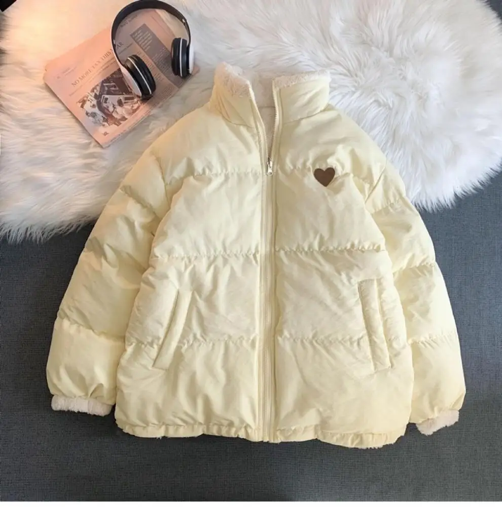 2022 Cute Embroidery Women Parkas Coat Winter Thick Hairy Korean Loose Warm Jacket Double Sided Design Pink Student Clothes