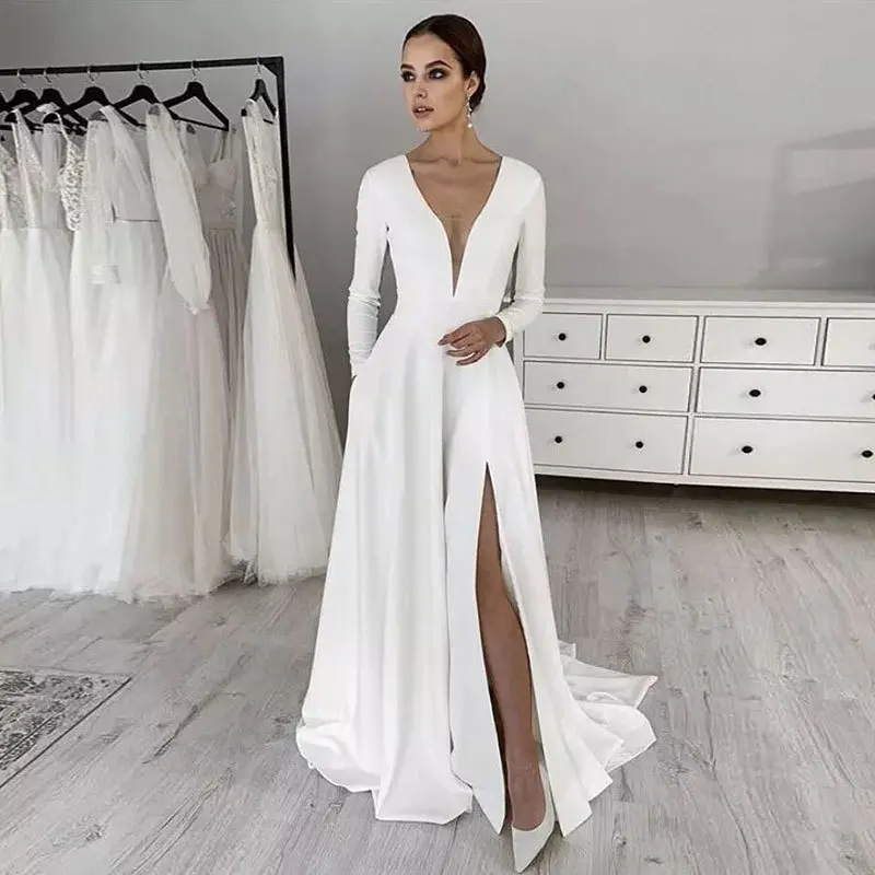 

TIXLEAR long sleeve a line wedding dress deep v line neckline side open sexy wedding dress sweep back drag modern dress