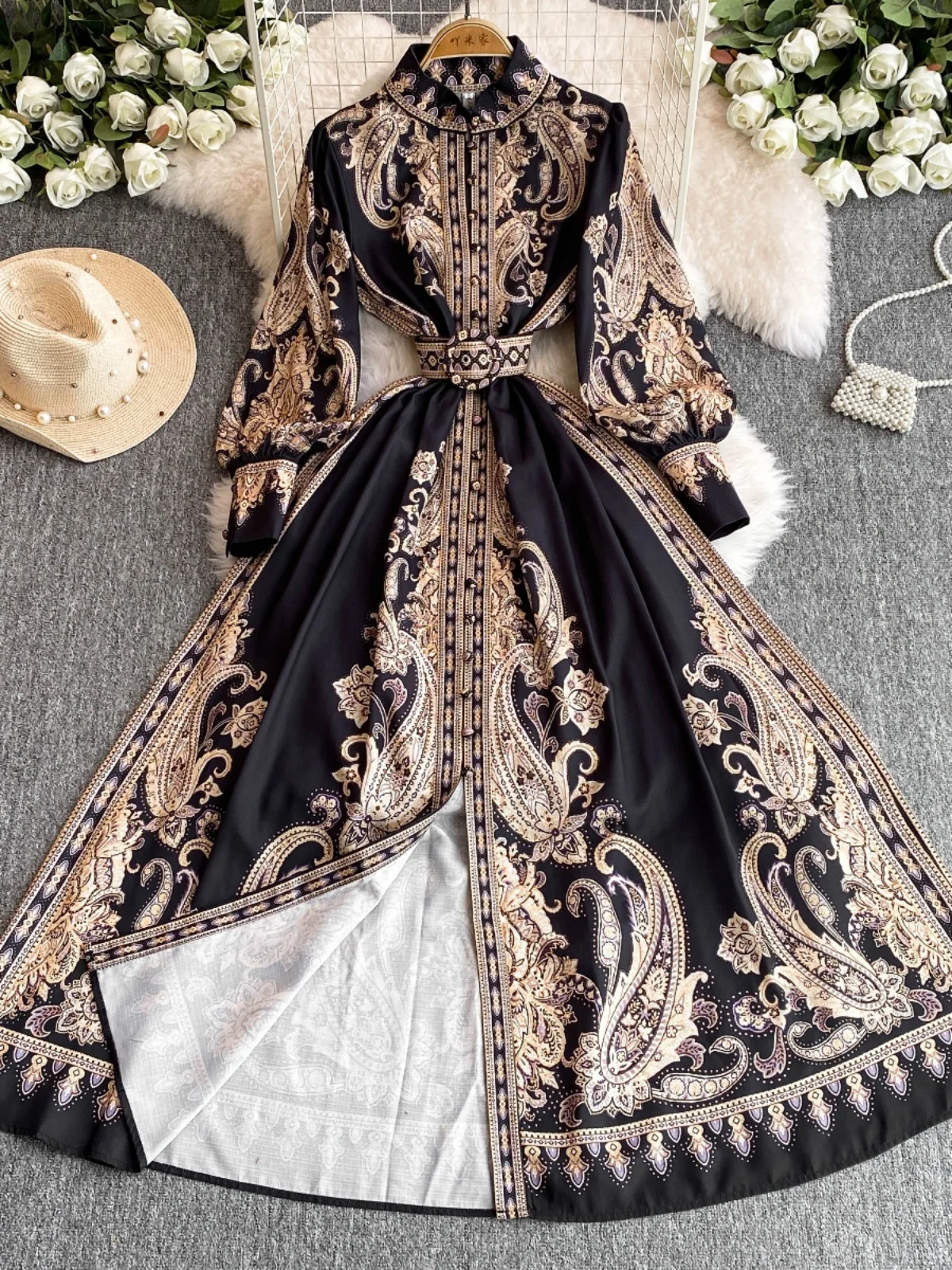 Французское винтажное платье с воротником-стойкой и длинными рукавами женское