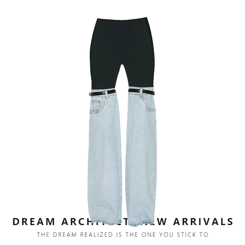 

High End Designer Luxury Denim Straight Pants 2023 Spring Streetwear Personalized Spliced Patchwork High Waisted Jeans Woman Y2k