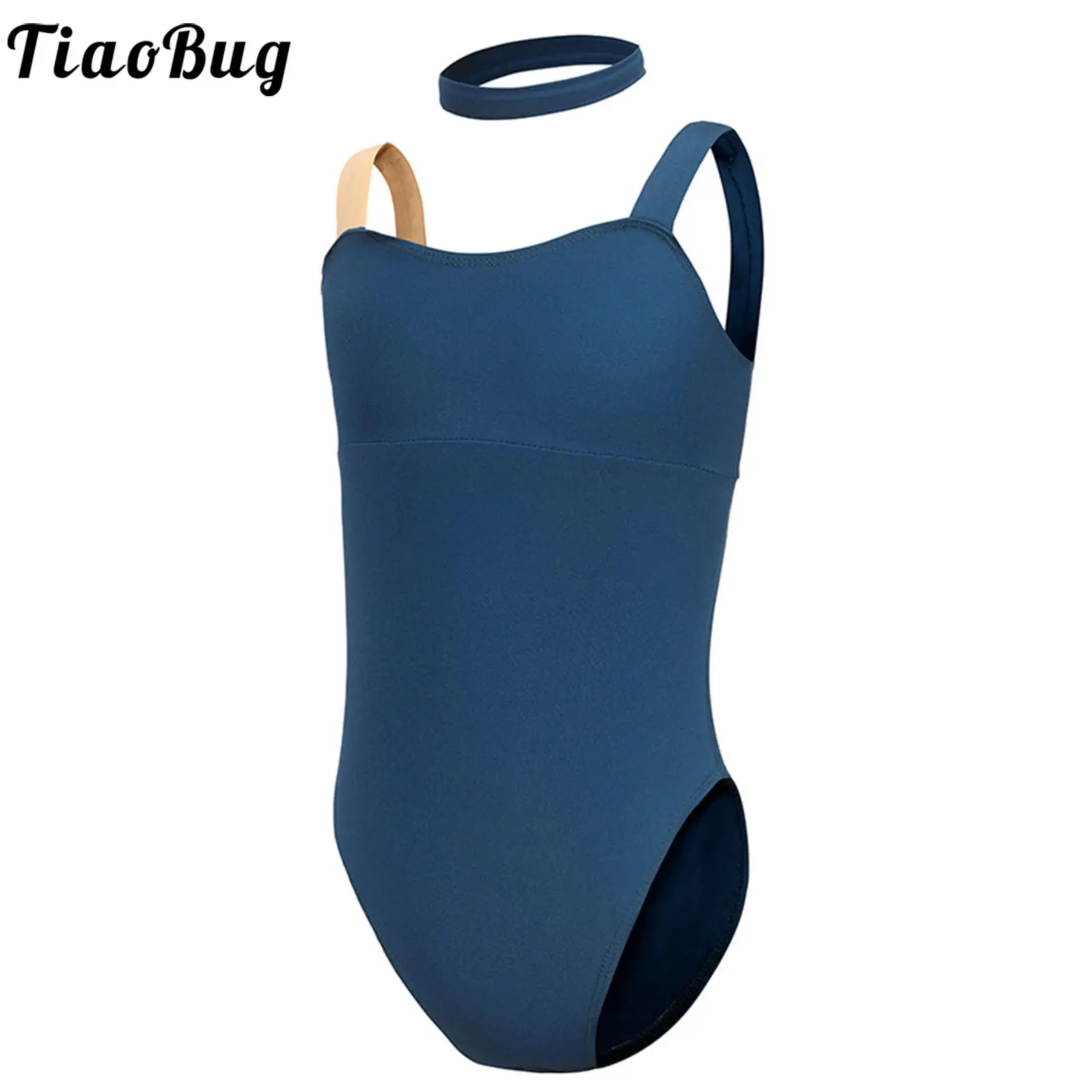 

Kids Girls Ballet Dance Costumes Color Block Wide Shoulder Straps Sleeveless Leotard with Neck Ring for Training Gym Performance
