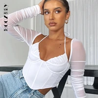 mesh perspective pleated halter neck tie long sleeved t shirt hot girl street nightclub tops fall winter womens clothing