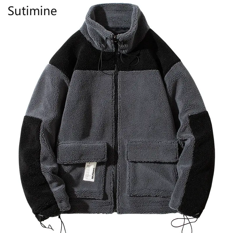 Coats Men Casual Stand Collar Lamb Fleece Jacket for Teenagers Loose Thickened and Warm Pockets Spliced  Winter Coat
