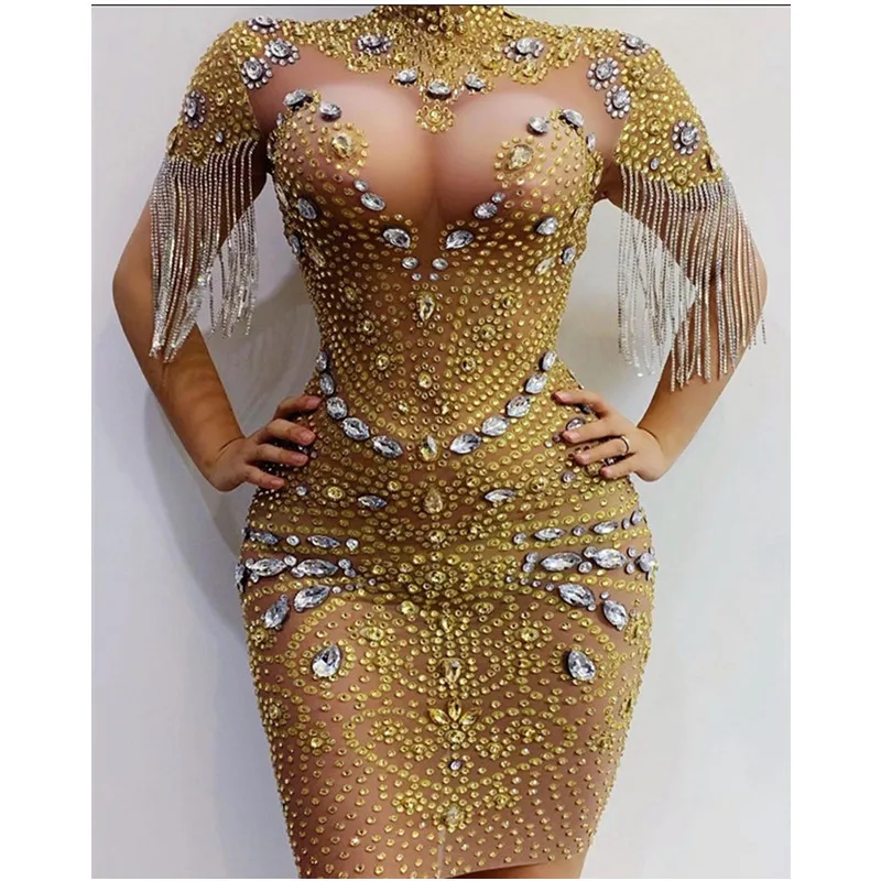 Luxurious Shining Big Crystals Mesh Sexy Bodysuit Sparkly Birthday Arty Nightclub Outfit Singer Stage Performance Dance Costume