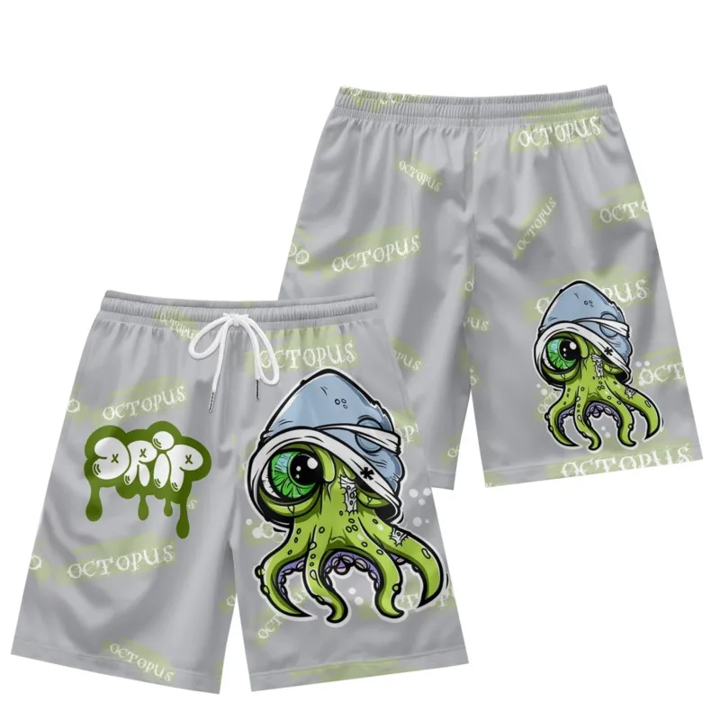 Одноглазные мужские шорты с принтом осьминога завязкой на талии серые