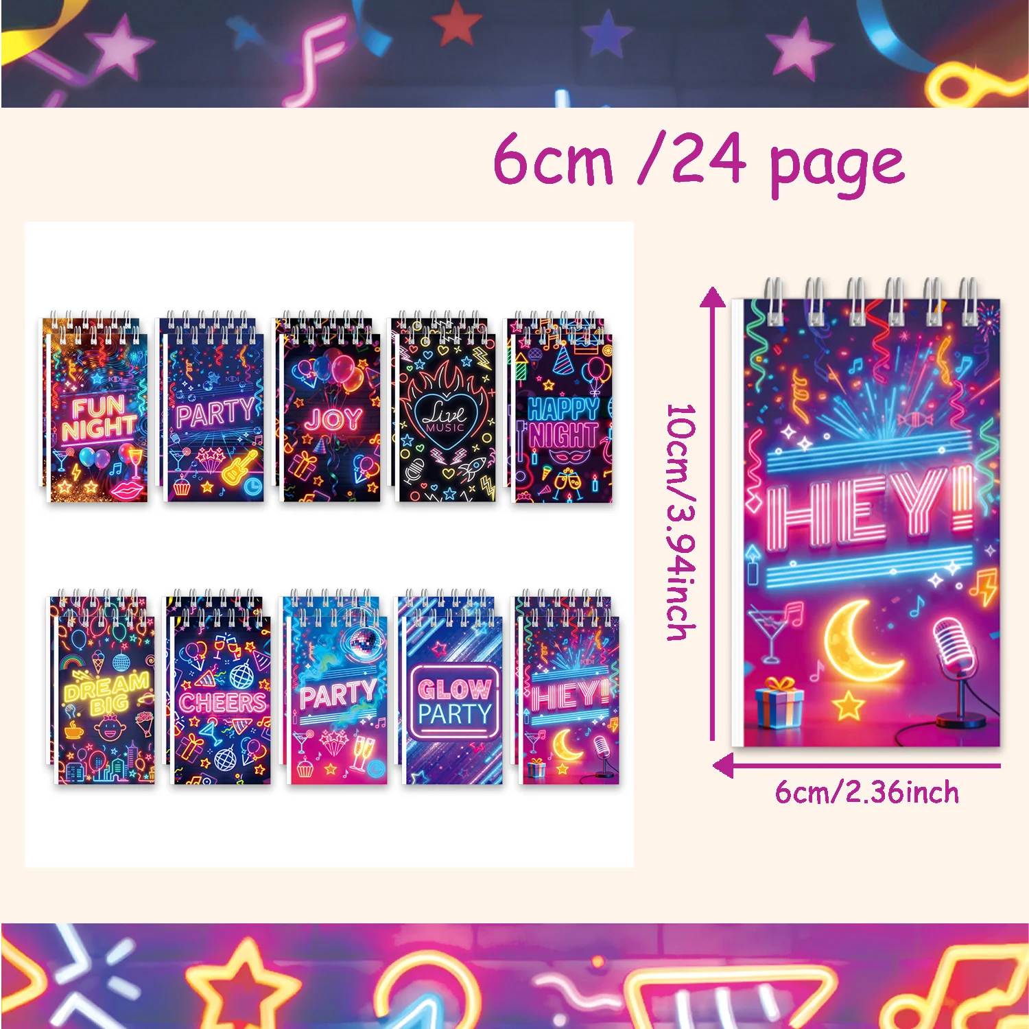 Фото Мини-блокнот Neon Glow Party, 24 страницы, с принтом «Ночная музыка и коктейли», портативный карманный блокнот, сувенир для дня рождения, канцелярские товары №3