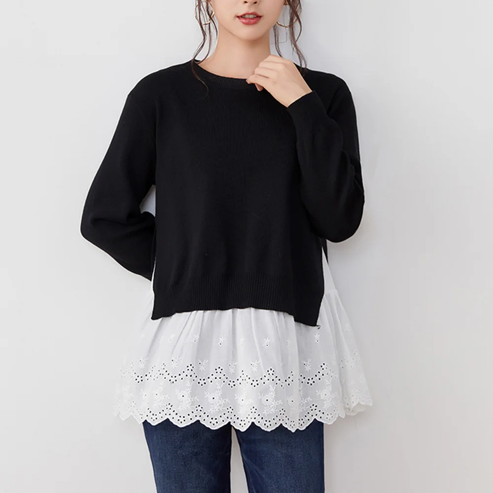 

Женский трикотажный свитер в стиле пэчворк, Модный повседневный облегающий двухслойный свитер черного и белого цветов, уличная одежда для ...