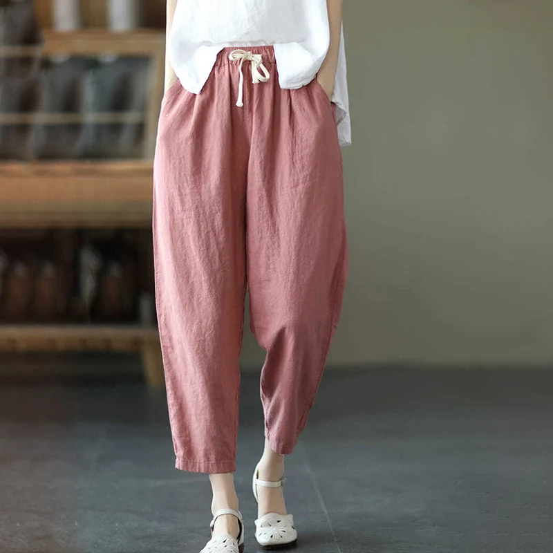 2023 Summer Casual Cotton Linen Pants Women Retro Pockets Loose Harem Pants Woman Solid Elastic Waist Trousers Female