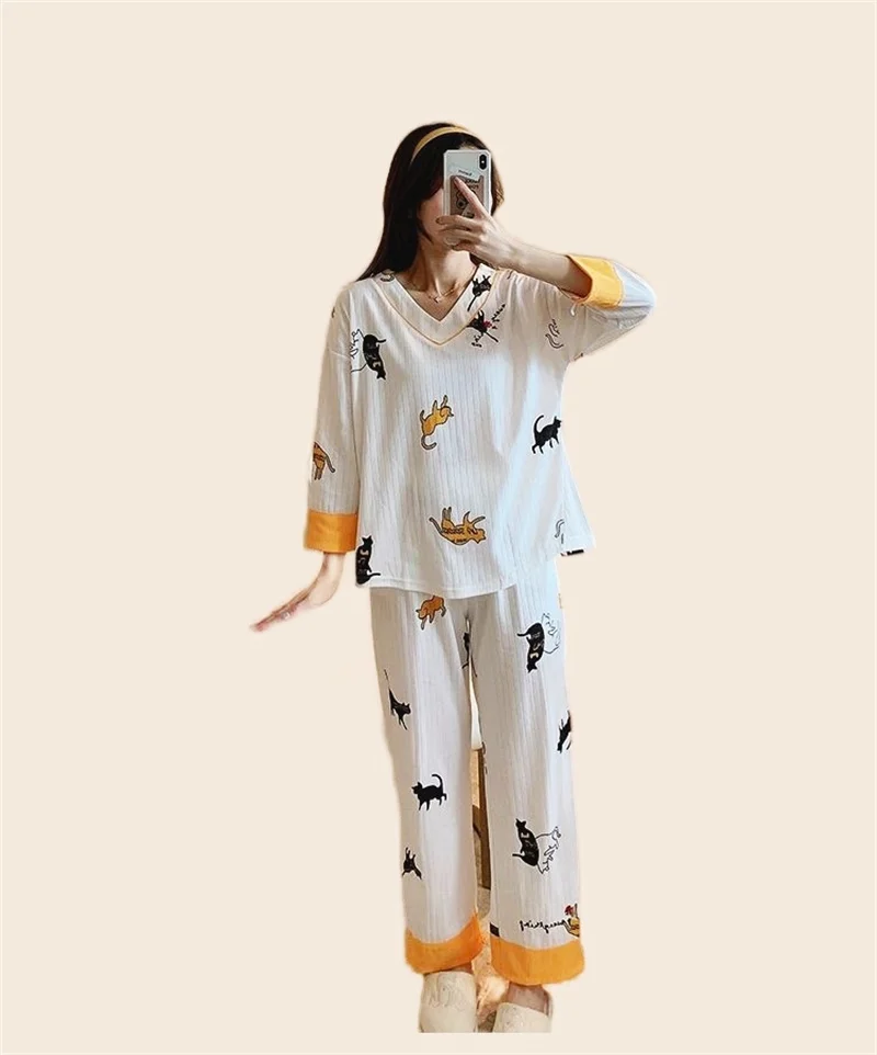 Women's Pajamas Set Cartoon Short Sleeve T-shirt Long Pants 2Piece/Set Summer Casual Pyjama Big Size Mom Cozy Cute Homewear