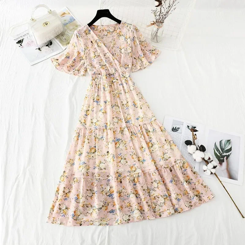

2021 Floral V-neck Women Dress Summer Short Sleeve Vintage Ruffle Party Dresses Printing Beach Chiffon Long Dress Vestidos