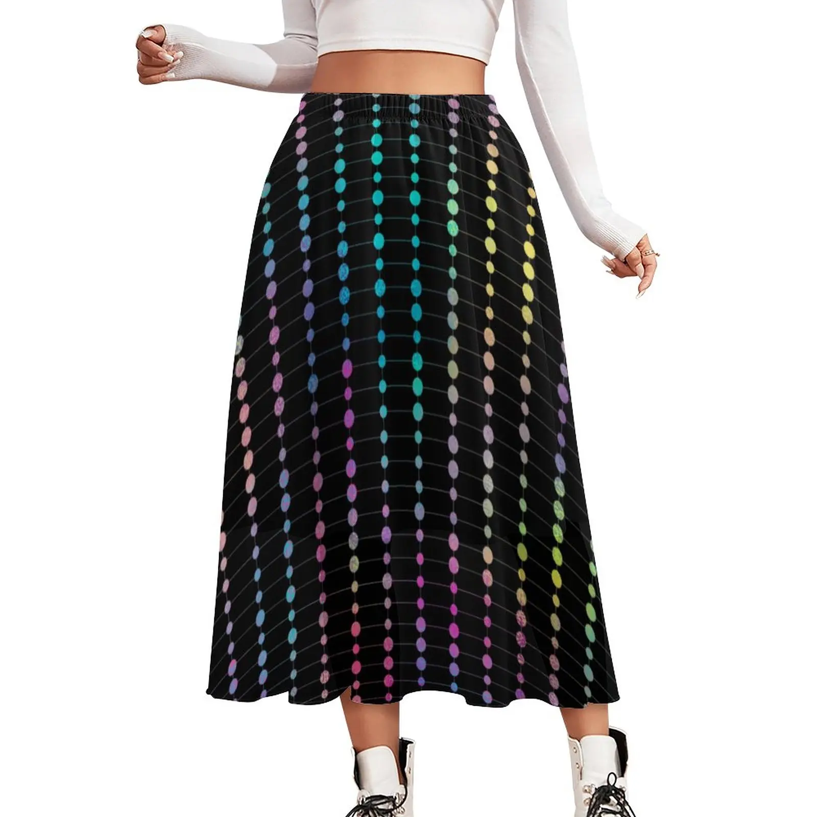 

Colorful Dots And Stripes Skirt Elegant Modern Print Beach Boho Skirts Elastic Waist Graphic Aesthetic A-line Skirt Large Size