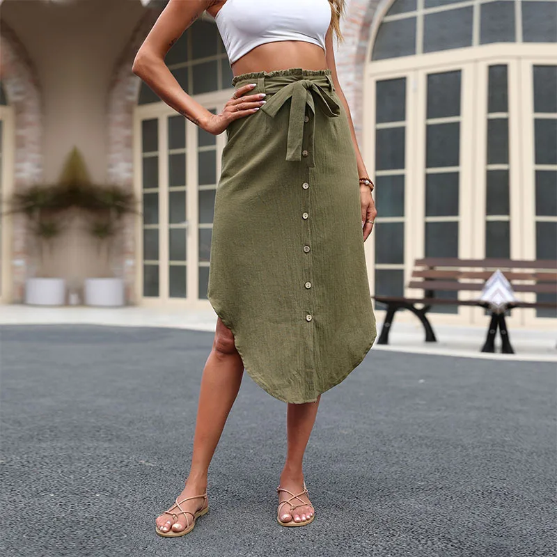 

Summer 2022 Green Basic Women Safari Style Midi Skirts Casaul High Waist Bottom Ladies Slim Solid Skirts with Sashes