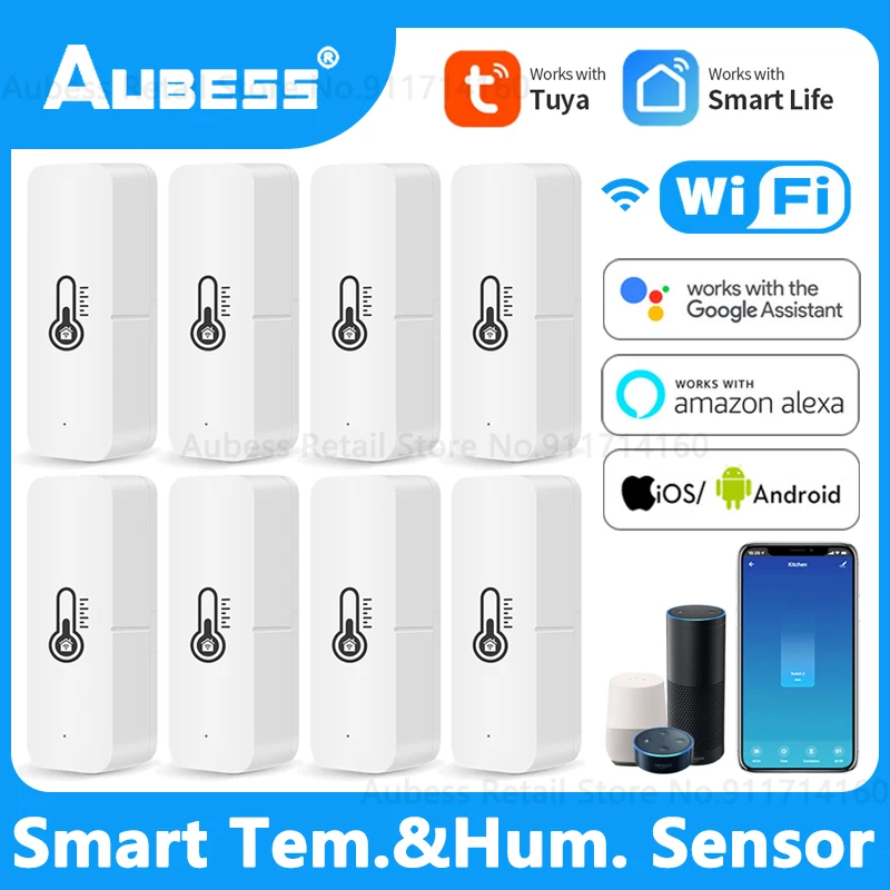 

Aubess Tuya WiFi Smart Temperature Humidity Sensor Indoor Thermometer Hygrometer Home Security Alarm System For Smart Life Alexa