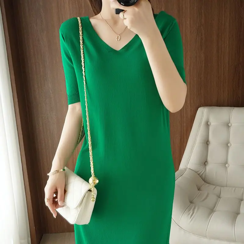 Женское трикотажное платье до колен, с круглым вырезом, свободного покроя