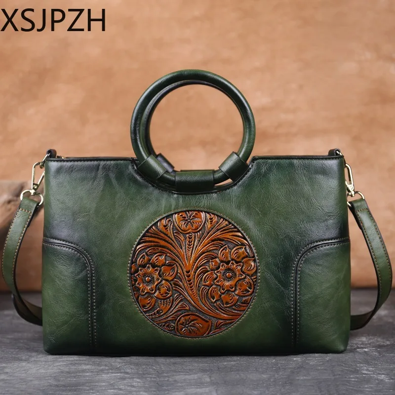 

Chinese Style Women's Satchel Artistic Style Women's Bag Embossed Leather Handbag Large Capacity One Shoulder Crossbody Bag Girl