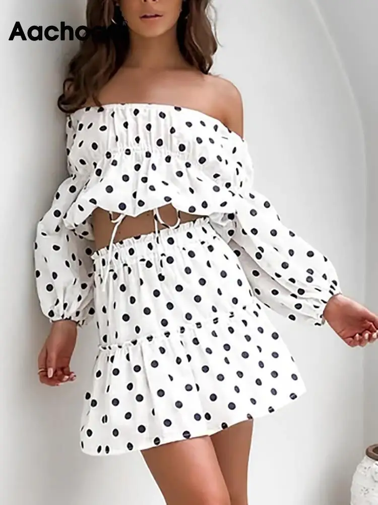 

Aachoae Women Sets Casual Polka Dot Printed Ruffle Cropped Blouses Shirts With High Waist A Line Mini Skirts Fashion Outfit