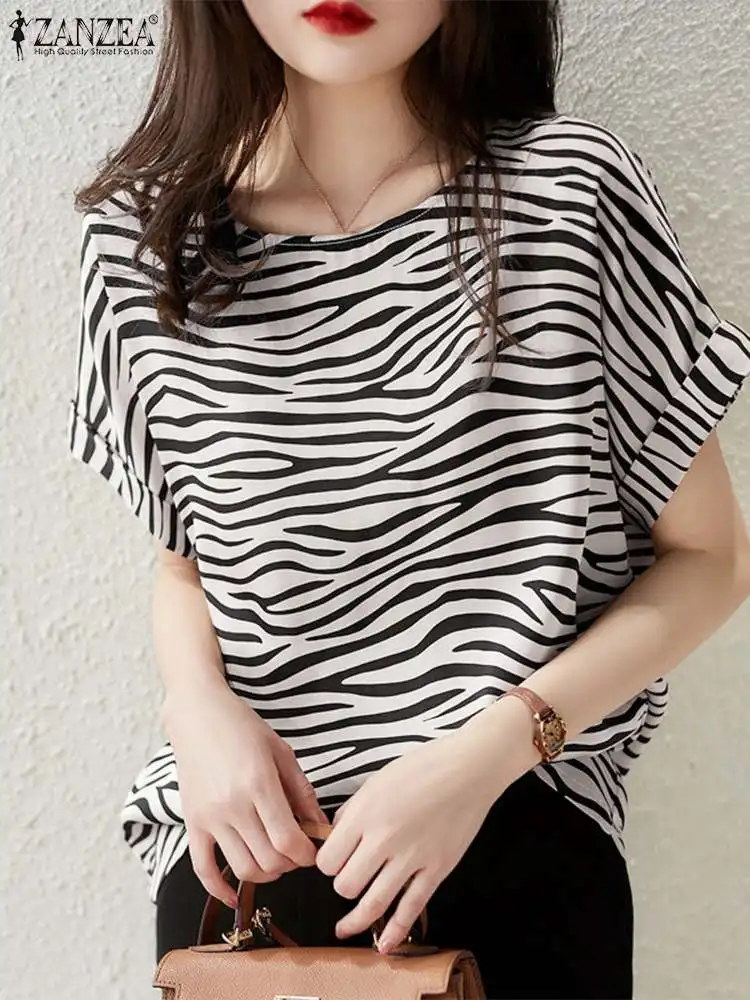 

2023 ZANZEA Fashion Summer Zebra Printed Blouse Women O Neck Short Sleeve Shirt Casual Holiday Blusas Female Work OL Tunic Tops