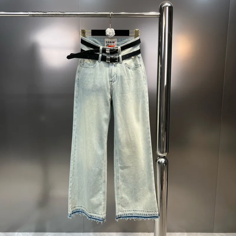 

BORVEMAYS Women Jeans 2023 Spring Summer New Twin Belt High Waist Solid Color Personality Street Loose Straight-leg Pants WZ1703
