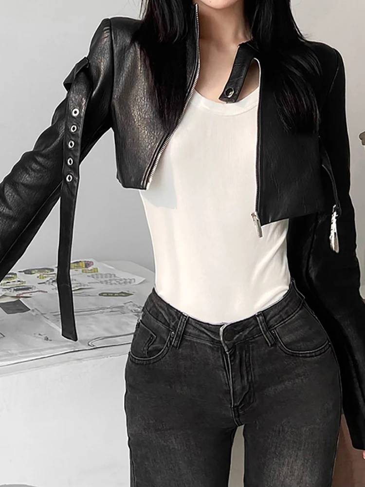 Goth Dark Fashion 90s Streetwear Faux Pu Jackets For Women Leather Mall Gothic Grunge Black Crop Coats Fall Punk Zip Up Outwear