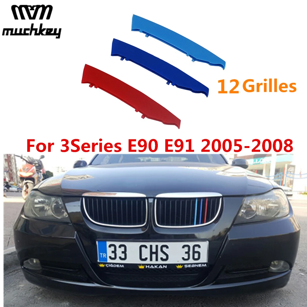 

3 цвета полоски для передней решетки радиатора, наклейка на крышку гриля для BMW 3 серии 2005-2008 E90 E91 320 325 330 335 3D M Стайлинг