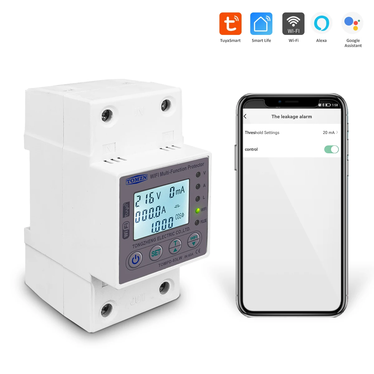 Умный переключатель smartlife 1P + N 63 А Wi-Fi измеритель энергии в кВтч измеряемая цепь