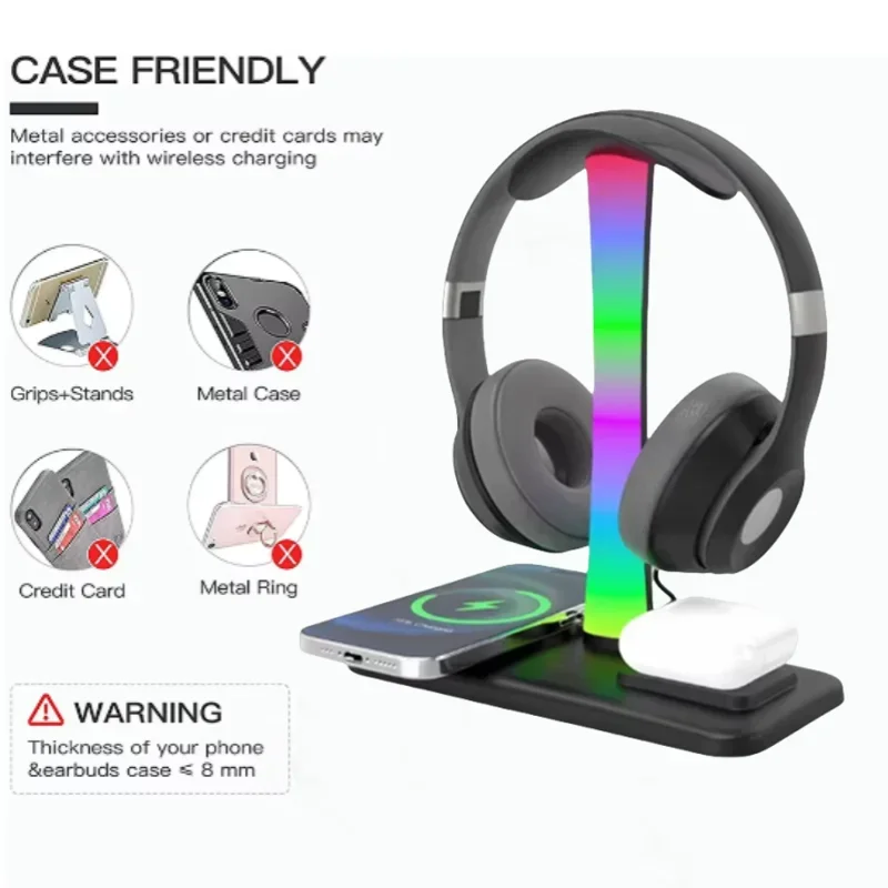Док-станция для гарнитуры Suporte 4 в 1 с беспроводным зарядным устройством мощностью