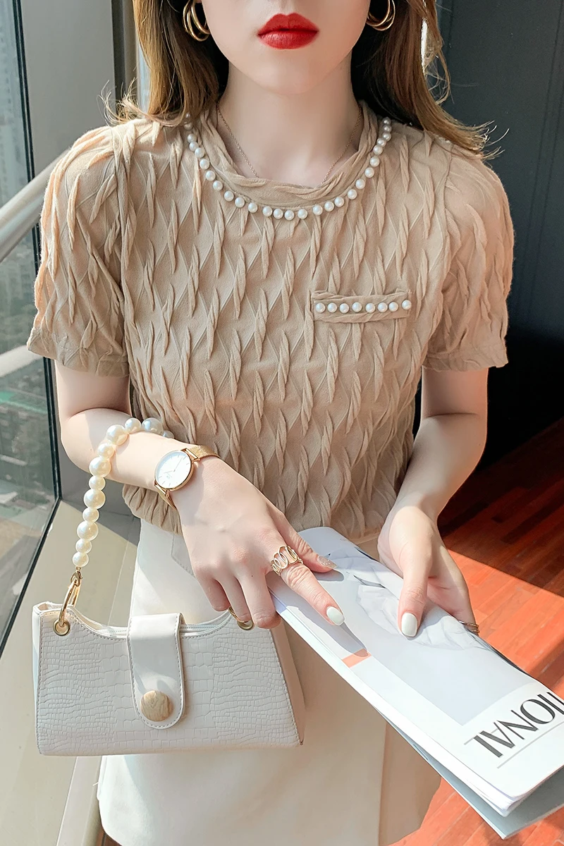 

2022 T-shirt Summer Tops Bead Lace Solid Color Short Sleeve Tees Slim fit Fashion All-match Korea Female Clothes Elasticity