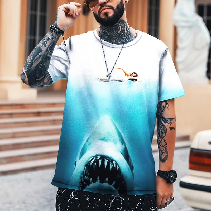 

2022 Summer New Style 100% Pure Lycra Polyester T-shirt Men's Casual O-neck Animal Shark 3D Printing High-quality Men's Top