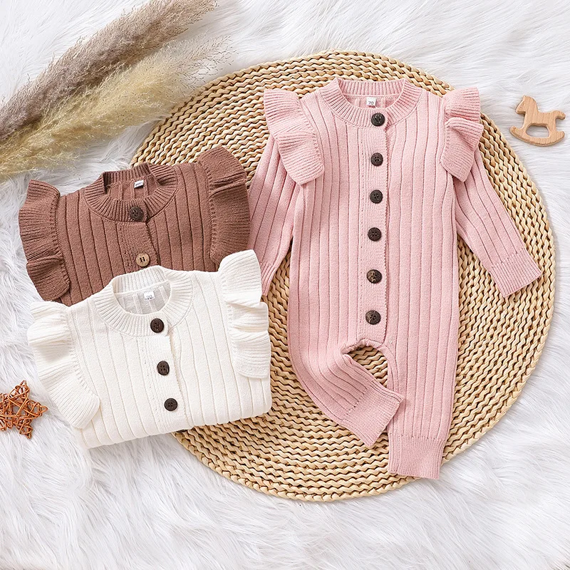 

0-18M Winter Fall Baby Romper Newborn Infant Baby Boy Girl Knit Clothes Warm Long Sleeve Ruffle Jumpsuit Soft Clothing