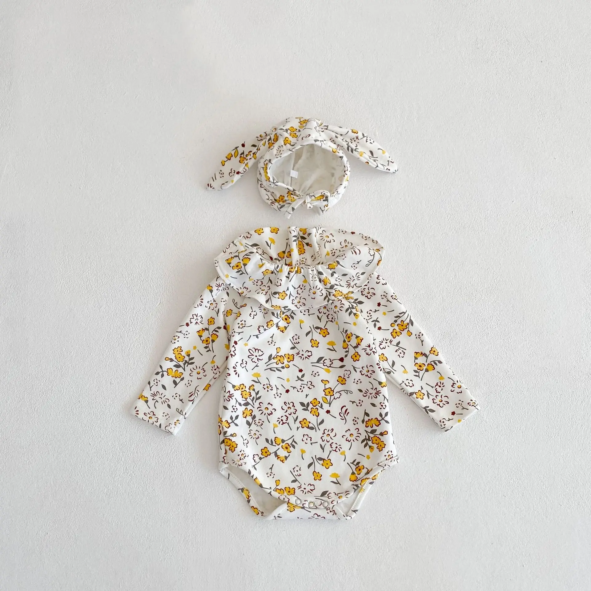 

Newborn Clothes Baby Girl Bodysuit Spring New 2022 Lotus Leaf Collar Baby Girl One Piece Clothes +hat Fashion Baby Onesies