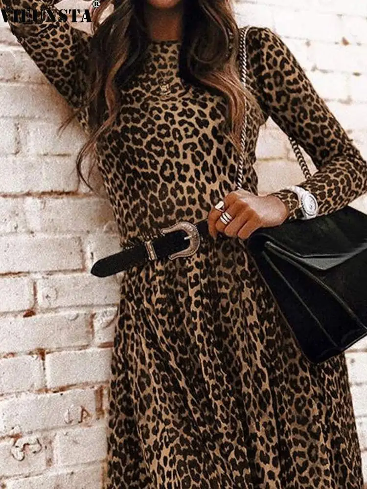 

Винтажное длинное платье в стиле бохо Harajuku с леопардовым принтом, женское повседневное свободное офисное платье макси с круглым вырезом, мо...