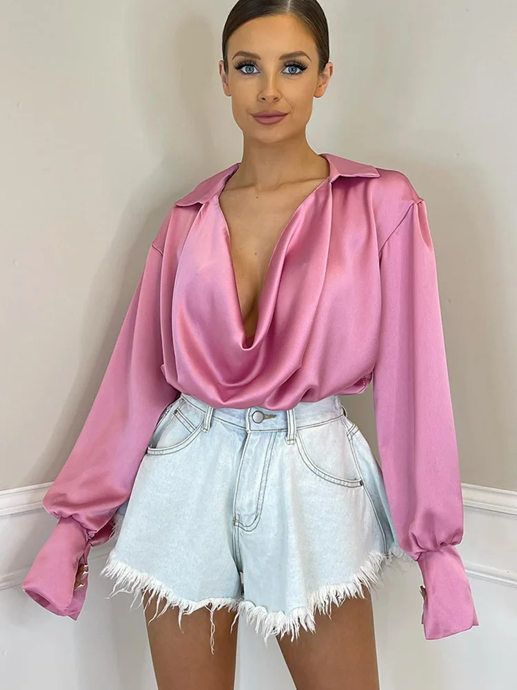 

News Pink Satin Cowl Neck Blouse Women Shirt Loose Long Sleeve Turn Down Collar Women's Blouse Solid Casual New Blusas