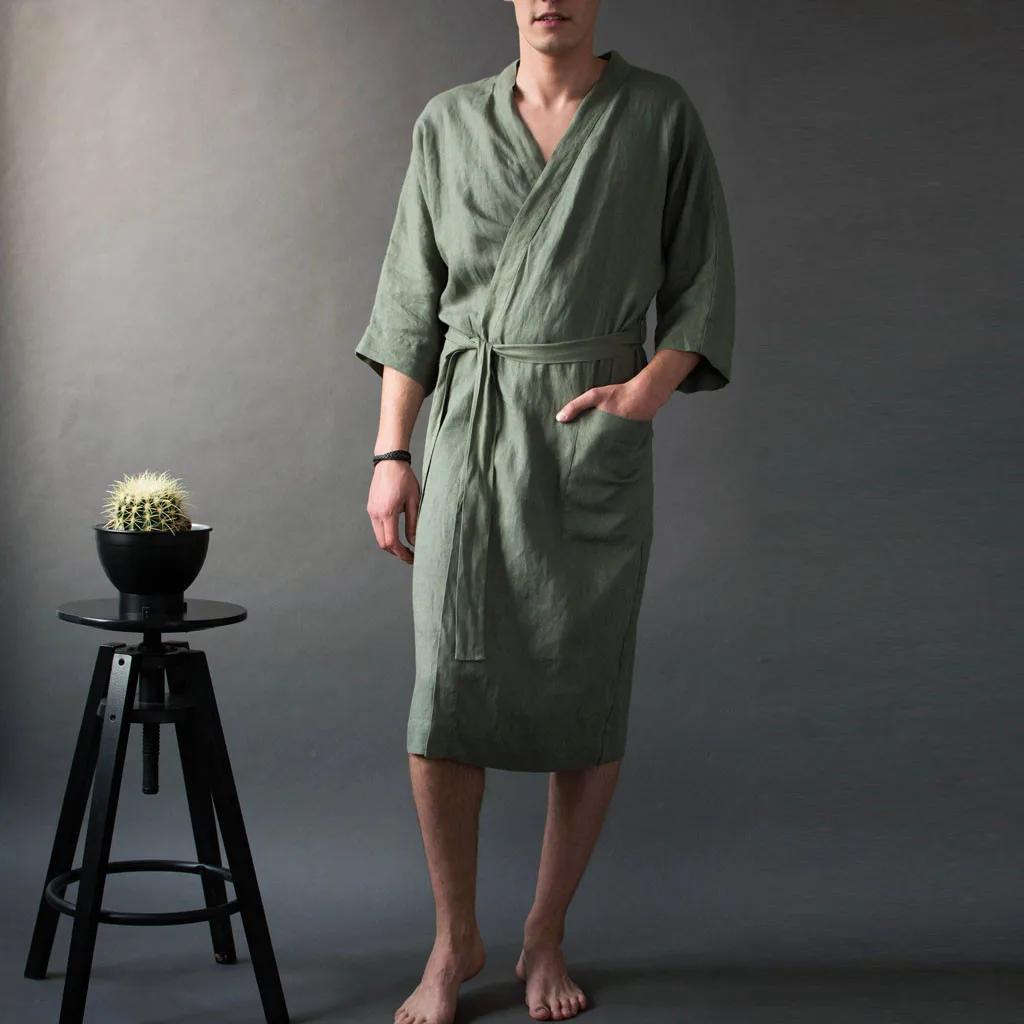 Mens Robe Long Solid Color Linen Nightgown Bathrobe Men Kimono Spring Summer Lace-up Long Robe