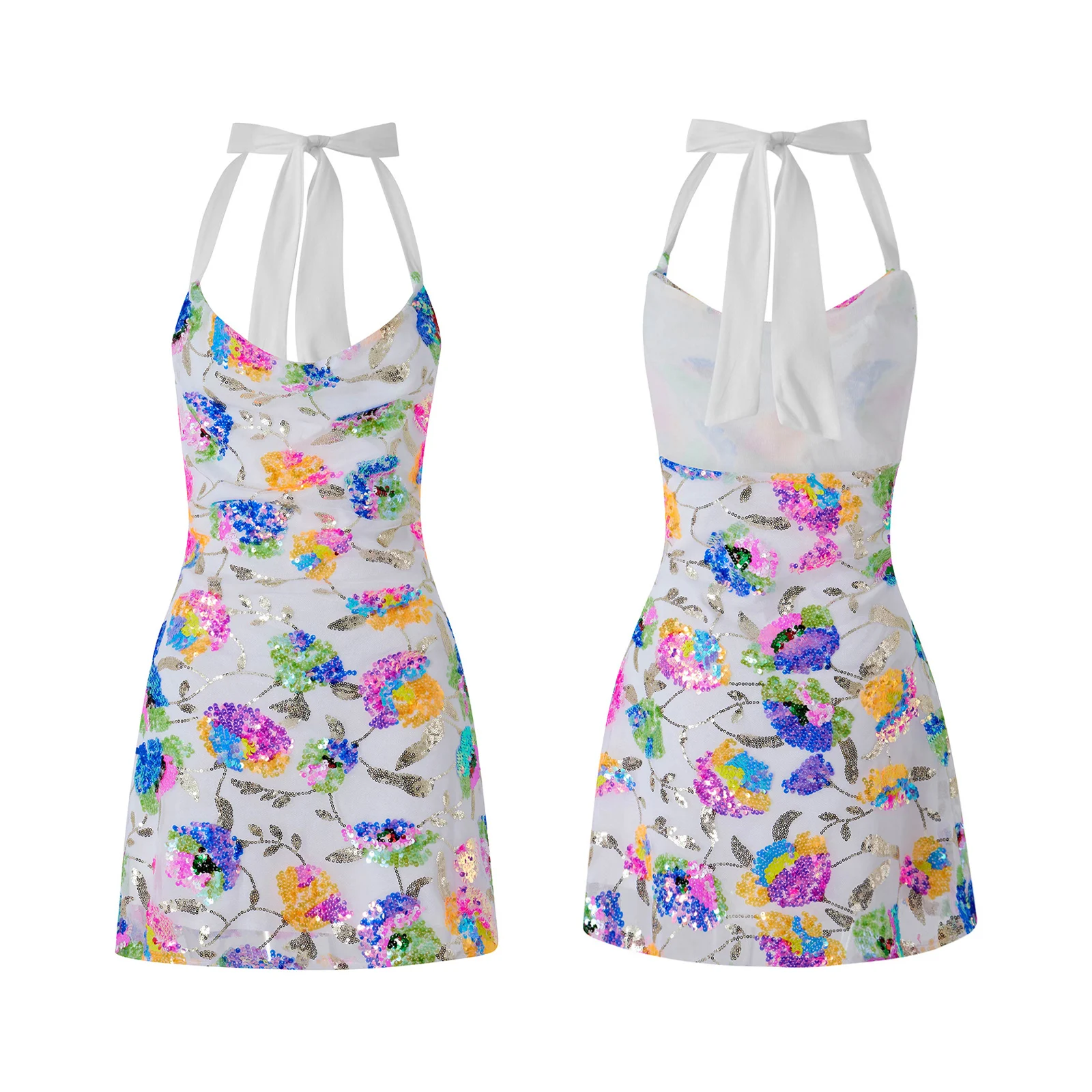 

Women's Sheath Dress White Flower Sequins Halter Neck Short Skirt Open Back Sleeveless Dress