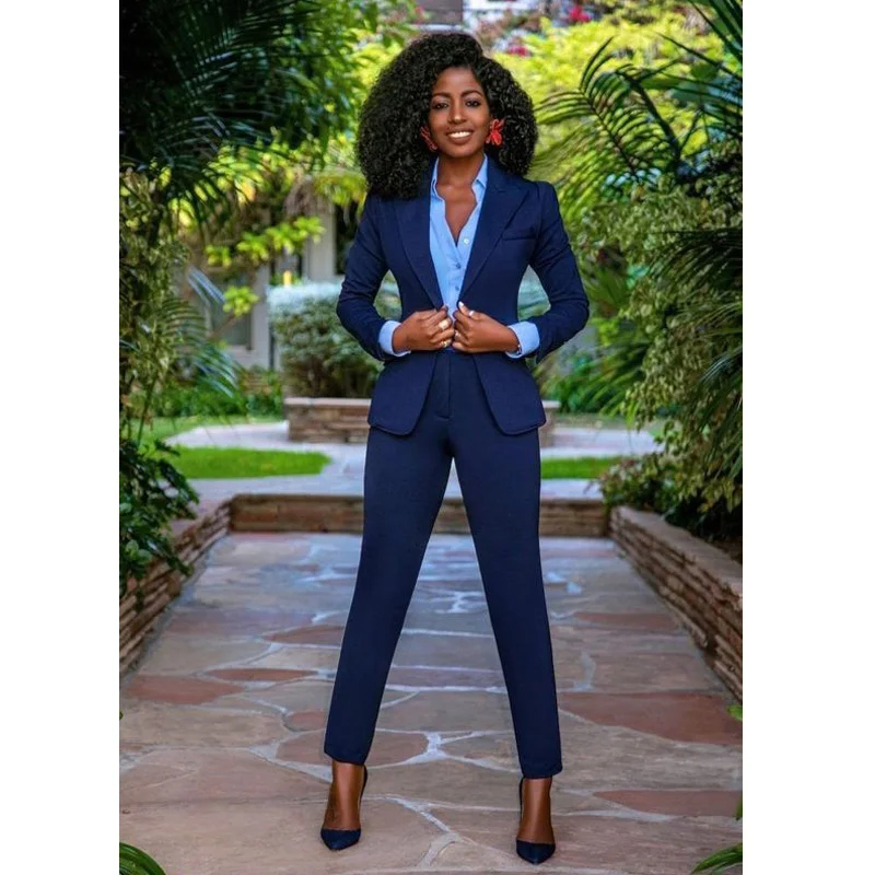 Suit for Women 2 Piece Formal Business Workwear Slim Fit Jacket Pant Set Lady Blazer Set Navy Blue