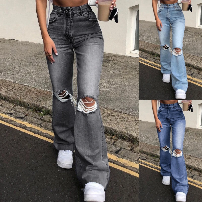 

Vintage Y2k Blue Ripped Baggy Flare Pants Women High Waist Harajuku Wide Leg Denim Jeans Mom Female Streetwear Harajuku Trousers