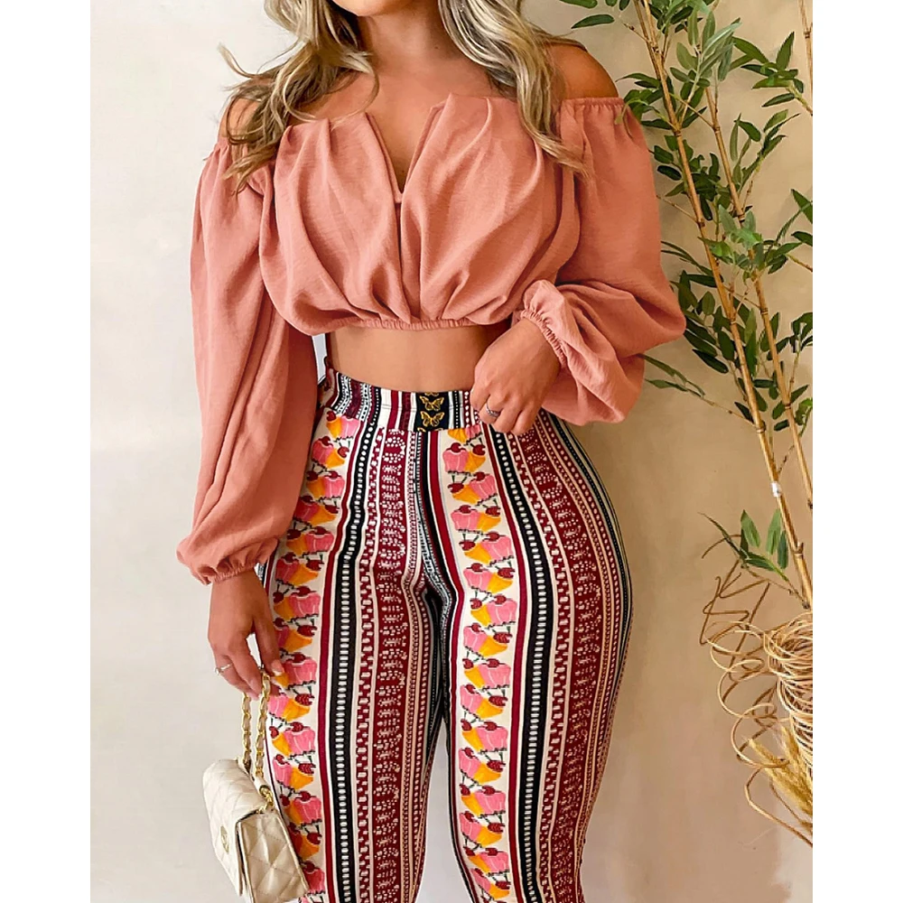 

2022 Women Chic Solid Two Piece set Crop Top and All Over Print Pants Slash Collar Long Sleeves Sexy Pants Sets