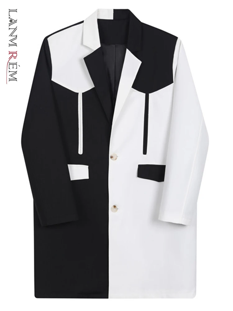 

LANMREM Black White Contrast Color Design Long Blazers Notched Long Sleeve Single Breasted Coat 2023 New Spring Clothing 2Q1000