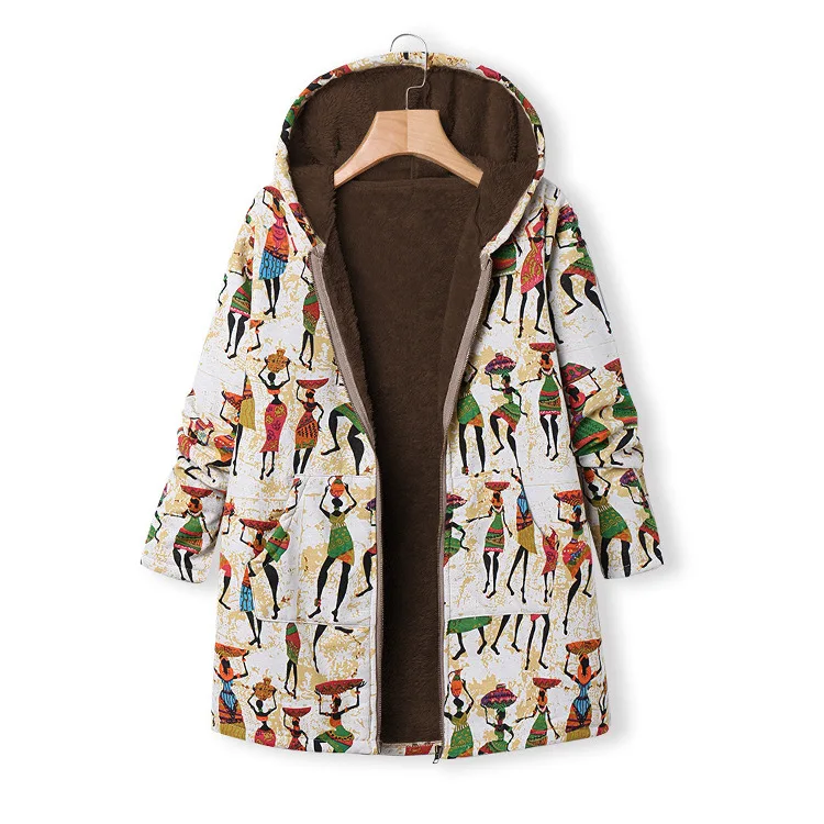 2022 New Winter Hooded Cotton Coat Loose Personality Oversize Plus Velvet Warm Printed Cotton Coat Women